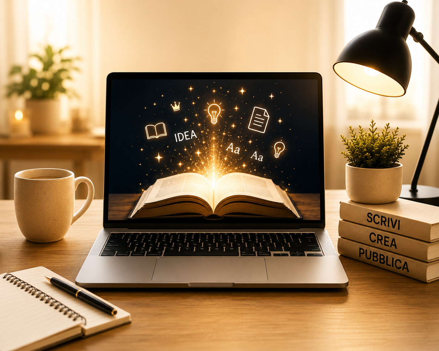 Laptop con un libro luminoso aperto, simbolo della creazione di un libro con BookGenerator